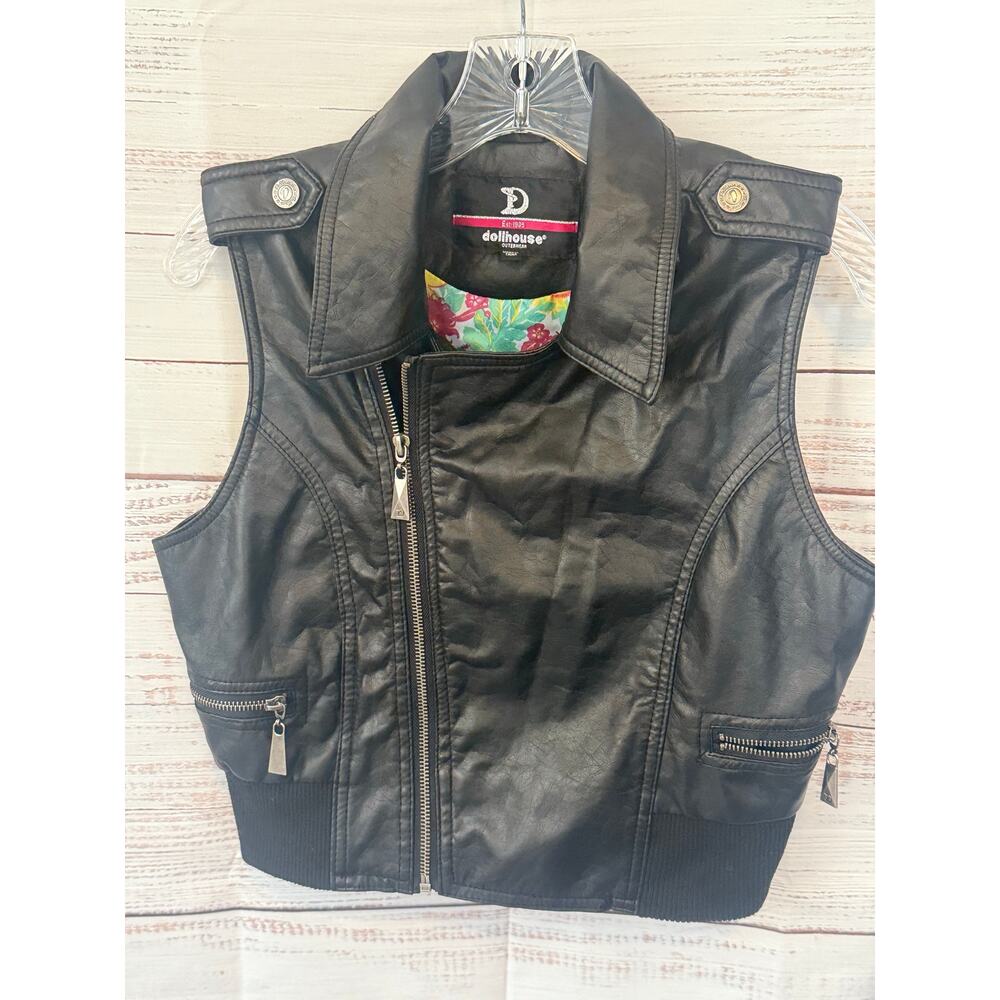 Dollhouse Faux Leather Moto Vest | Black | Size M | Edgy Floral Lining